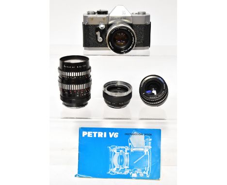 PETRI; a V6 film camera fitted with a Petri CC Auto 1:2 F=55mm lens and three additional lenses to include a Meyer-Optik Lydi