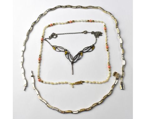 A silver link bracelet and necklace set of wavy form, each stamped 925, together with Art Nouveau style enamelled and pierced