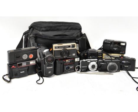 A collection of digital and film cameras to include a Kodak S100 EF, an Olympus Superzoom 105, a Yashica T AF, an Olympus XA2