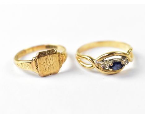 A 9ct yellow gold signet ring, size K 1/2, approx 1.8g, and a yellow metal ring set with blue stone and two small diamonds, s