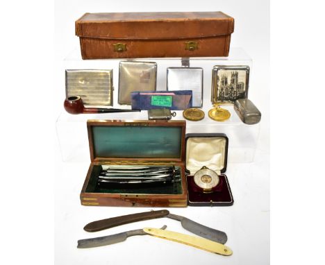 A collectors' lot to include a cased set of cutthroat razors in a mahogany box with brass fittings, a pocket brass cased aner