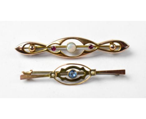 Two Victorian/Edwardian style 9ct gold brooches, one with a centred bezel set small half round white opal, flanked by two bez