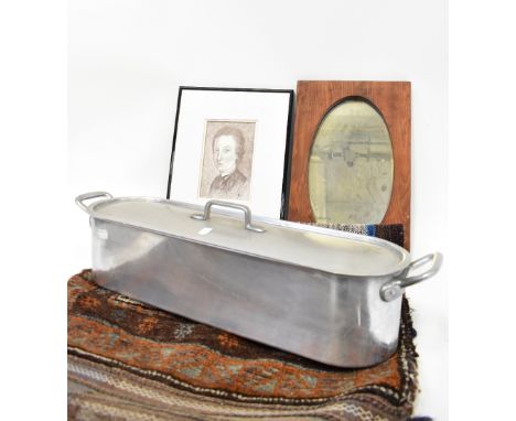 A collectors' lot comprising an aluminium fish kettle, a stained wooden framed mirror, a pencil head and shoulders portrait o