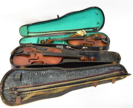 Two cased violins, comprising a children's violin with bow (af), length 56cm, for restoration, and an early 20th century viol