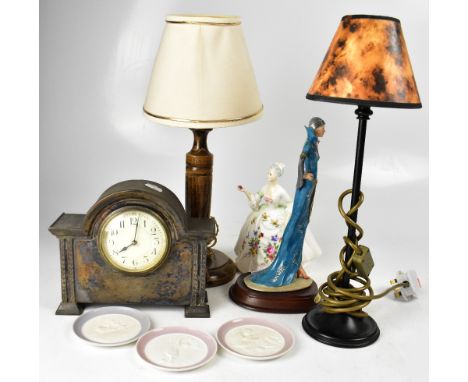 An early 20th century French mantel clock, plated case and dial set with Arabic numerals (af). two non-matching table lamps, 