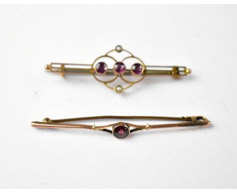 Two late 19th/early 20th century 9ct gold brooches comprising a bar brooch with a centred bezel set garnet and a brooch with 