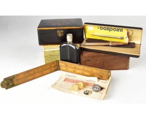 A quantity of mixed collectibles to include various commemorative and world coins, Ration Book, Cross pen, folding ruler, hip