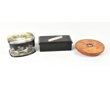 An Edwardian ebony wood stud/jewellery box, with hallmarked silver scroll vacant cartouche to the top, length 13.5cm, a Chine