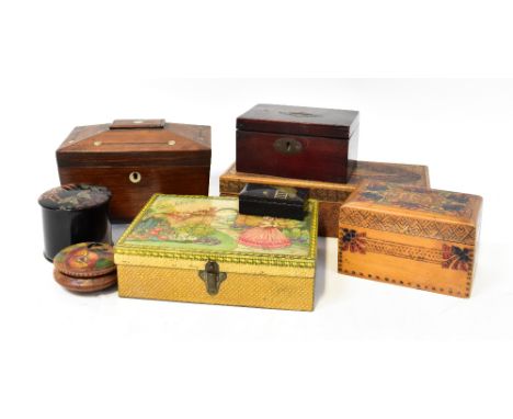 Various antique and vintage collectible boxes and tins, to include a George Bassett biscuit tin in the form of a workbox, for