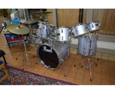 A PEARL EXPORT 5 PIECE DRUM KIT. with two Maxwin by Pearl Rack Toms, two Paiste Cymbals , stands and a Premier Bass Drum Peda