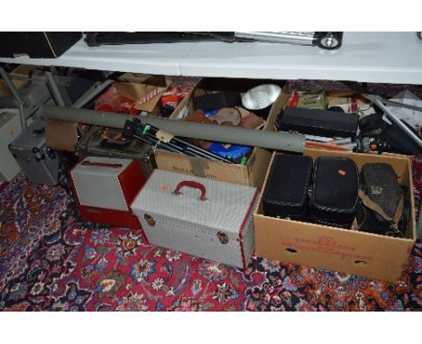 A QUANTITY  OF CAMERA AND PROJECTION EQUIPMENT, including ali cases, tripods, a Minolta SRT 101, etc