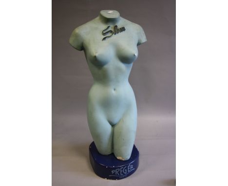 A VINTAGE PREGER OF PARIS SHOP ADVERTISING MANNEQUIN, blue painted plaster modelled in the form of a female torso, on blue pl