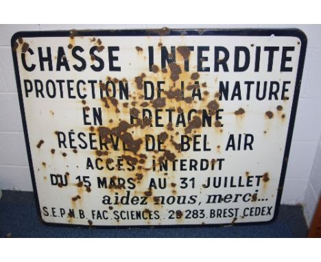 A FRENCH ENAMEL ROADSIDE INFORMATION SIGN, from the Nature Reserve De Bel Air in Brittany, blue lettering on white background