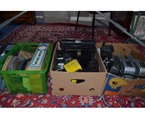 THREE BOXES OF CINE AND PROJECTION EQUIPMENT, including Gnome, Aldis, Canon, Polaroid etc