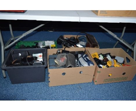 FIVE BOXES OF CAMERA ACCESSORIES, including instant film cameras, cases, slide duplicator, Metz megablitz and other flashes a