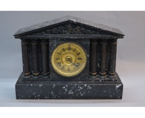 A LATE 19TH CENTURY ANSONIA OF NEW YORK BLACK AND WHITE VEINED MARBLE MANTEL CLOCK, of architectural form, the frieze with mo