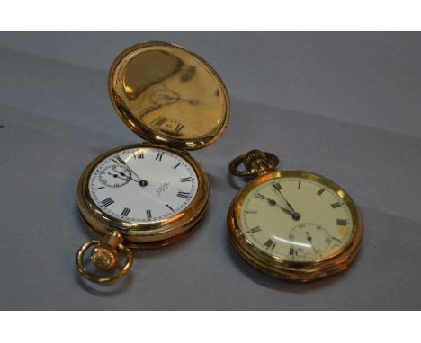 A GOLD PLATED FULL HUNTER, together with a gold plated open faced pocket watch (2) - condition one of the watches glass not p