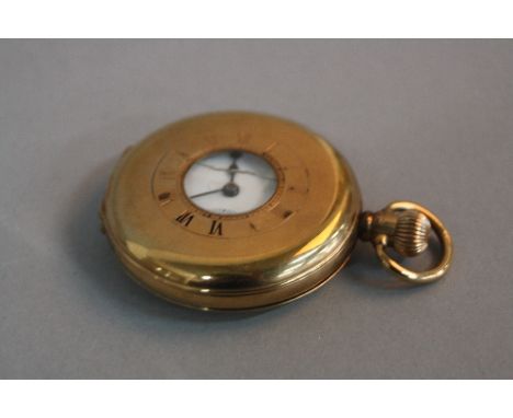 A 9CT GOLD DENNISON HALF HUNTER POCKET WATCH, dated 1924 -, enamel dial with subsidiary seconds dial, A.L.D 299987 to case, 1