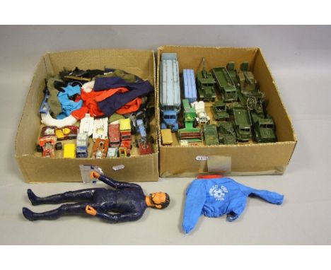 A QUANTITY OF UNBOXED AND ASSORTED PLAYWORN DIECAST VEHICLES, to include several Dinky military items and Bedford Pullmore Ca