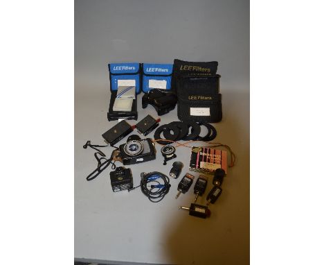 A BOX OF MAINLY HASSELBLAD CAMERA ACCESSORIES, including a PolaPlus attachment, a head unit for a Hasselblad Medium format ca