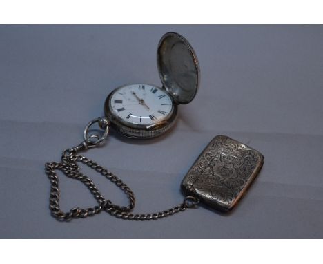 A SILVER VERGE FULL HUNTER POCKET WATCH, 1821 London (William Boulton) on a silver chain and silver vesta, approximately 215 