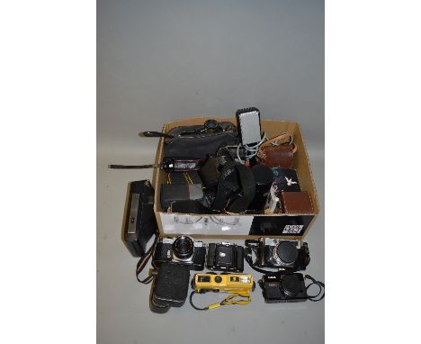 A BOX OF CAMERA EQUIPMENT, including a Prinzflex, Yashica, Canon, Zeiss Ikon, Kodak and a Continsouza Baby Cine camera