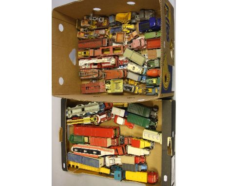 A QUANTITY OF UNBOXED AND ASSORTED PLAYWORN DIECAST VEHICLES, to include Charbens Vans, No.12 or 14, Spot-On, Dinky, includin