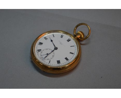 A 9CT GOLD OPEN FACED POCKET WATCH, white enamel face with secondary dial, Birmingham 1924, full marking to dust cover, Reg 4