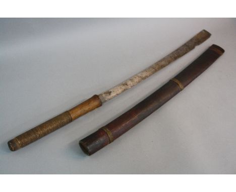 A JAPANESE STYLE SWORD, with wood handle grip over steel blade which has a couple of chips on the blade, the wooden scabbard 