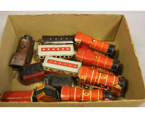 A QUANTITY OF PLAYWORN TINPLATE CLOCKWORK LOCOMTIVES AND ROLLING STOCK, Chad Valley and Brimtoy, four locomotives in lithogra