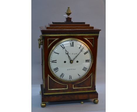 A GEORGE III THOMAS PACE OF LONDON MAHOGANY CASED EIGHT DAY BRACKET CLOCK, gilt metal pineapple finial above stepped rectangu