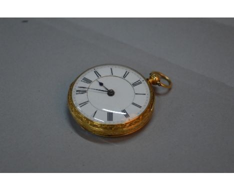 AN 18CT GOLD OPEN FACED POCKET WATCH, white enamel dial, ornately engraved case, Sheffield 1903, approximate weight 59.4 gram