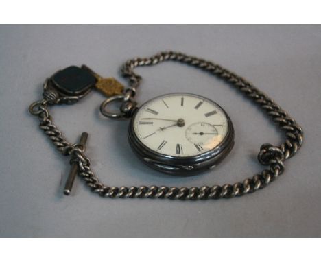 A SILVER FUSEE POCKET WATCH, London 1914 with secondary dial, together with a silver watch chain and fob, approximate gross w