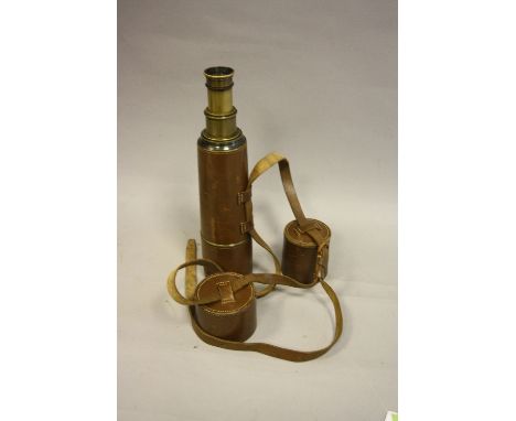 A BROADHURST CLARKSON &amp; CO LTD FIVE DRAWER LEATHER CLAD BRASS TELESCOPE, length fully extended approximately 99cm, makers