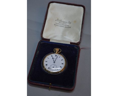 A 9CT GOLD OPEN FACED POCKET WATCH, by J.W. Benson, white enamel face with secondary dial, approximately 77.9 grams - conditi