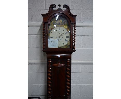 AN EARLY 19TH CENTURY MAHOGANY CASED LONGCASE CLOCK, broken swan neck pediment with brass spherical finial in between the hoo