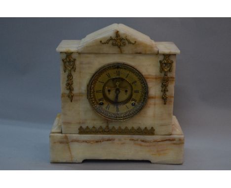 A LATE 19TH CENTURY ANSONIA OF NEW YORK ORANGE VEINED CREAM MARBLE EIGHT DAY MANTEL CLOCK, of architectural form, gilt metal 