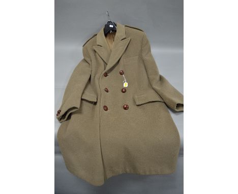 A MODERN ARMY STYLE SAND COLOURED CROMBIE OVERCOAT, by Crombie of Aberdeen, Scotland (good condition)