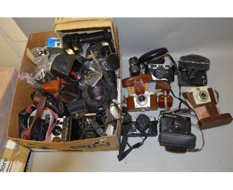 TWO BOXES OF CAMERAS AND EQUIPTMENT, these include Canon, Fujica, Polaroid etc