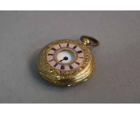 A LADIES FRENCH 18K GOLD AND PINK ENAMEL HALF HUNTER FOB WATCH, (lacking glass), approximate gross weight 33.4 grams