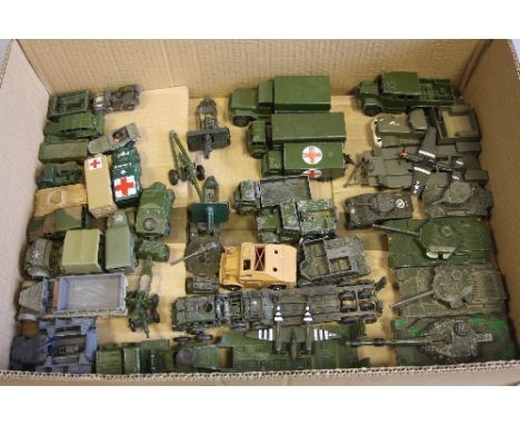 A QUANTITY OF UNBOXED AND ASSORTED PLAYWORN DIECAST MILITARY VEHICLES, to include Dinky Toys Reconnaissance Car, No.152b, Cor