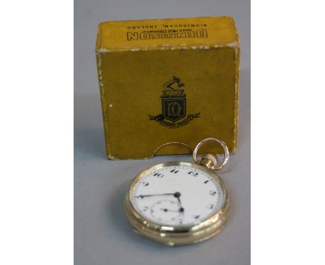 A 9CT GOLD DENNISON 1931 OPEN FACE POCKET WATCH, white enamel dial (hairline to dial), subsidiary seconds dial 15 jewel Swiss