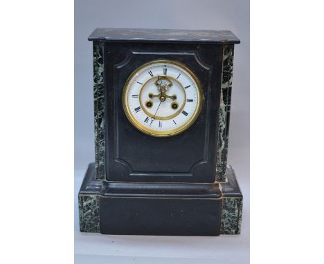 A LATE 19TH CENTURY FRENCH MIROY FRERES OF PARIS BLACK SLATE EIGHT DAY MANTEL CLOCK, rectangular case with veined green marbl