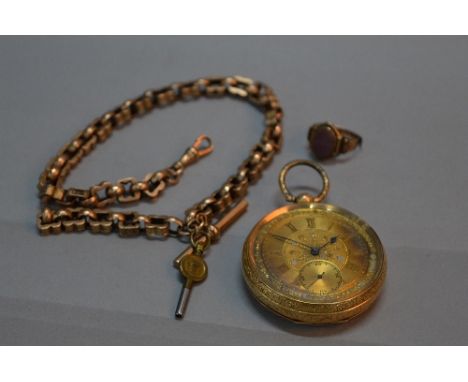 A 14K GOLD OPEN FACED POCKET WATCH, approximately 113 grams, together with a 9ct gold, early 20th Century Albert chain, appro