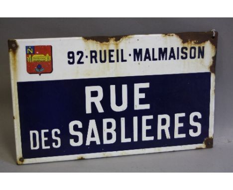 AN ENAMELLED PRESSED STEEL FRENCH STREET SIGN, RUE DES SABLIERES, from the Rueil Malmaison district in the Western suburbs of