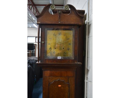 A LATE 18TH CENTURY OAK AND MAHOGANY BANDED LONGCASE CLOCK, broken swan neck pediment with brass roundels above a plain hood,