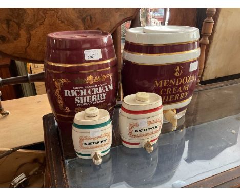 Four ceramic alcohol barrels to include Mendoza Cream Sherry example, height 30cm (4).