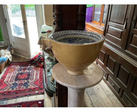 A Victorian blue and white ceramic basin, decorated with figures in landscape, height 26cm, diameter 35cm.Condition Report: L