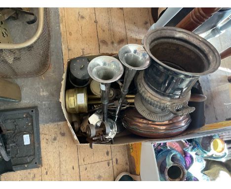 A collection of assorted metalware to include a miner's lamp, water sprayers, a silver plated wine cooler in the form of an u