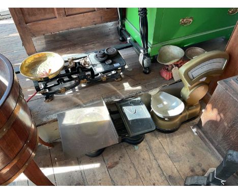 Four sets of balance scales to include C W Breckwell, with a small quantity of weights.